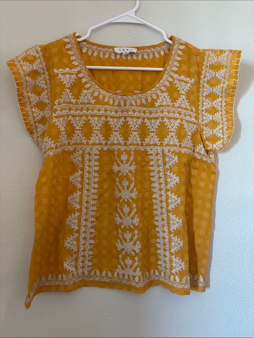 THML Mustard Yellow Embroidered Flutter Sleeve Blouse